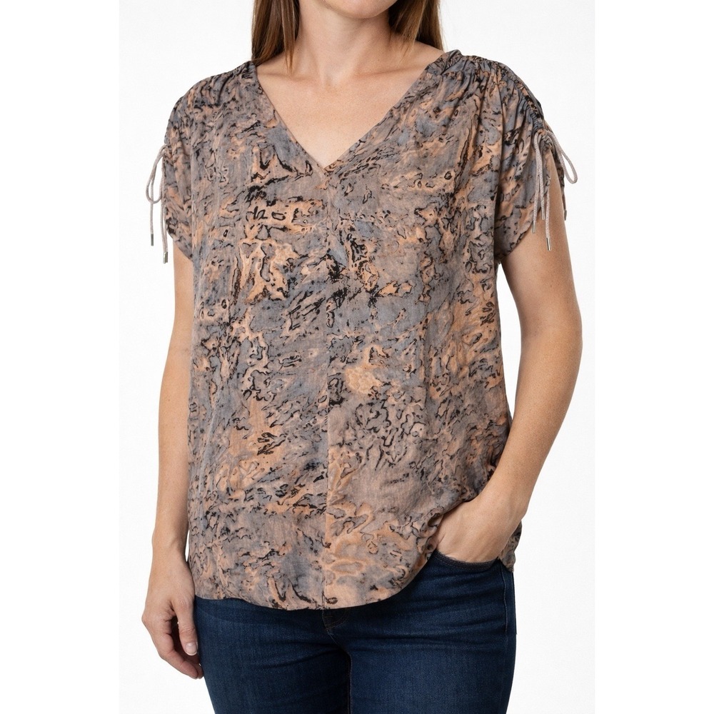 Juicy Couture Blouse Womens Medium Abstract Marble V Neck Ruched Sleeve Top